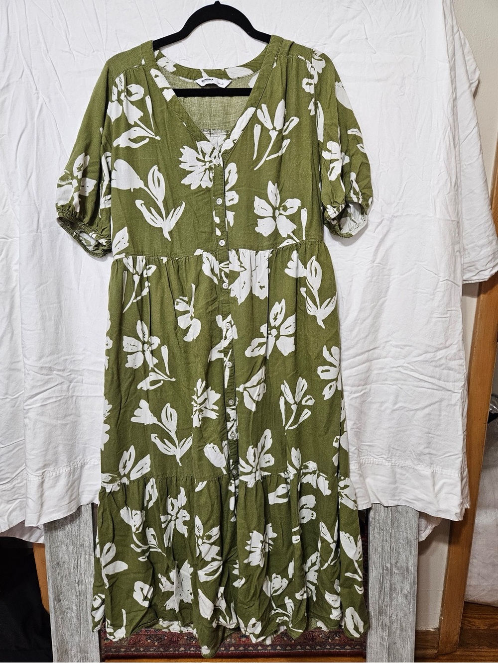Sonoma Olive Green Floral Maxi Dress with White Print